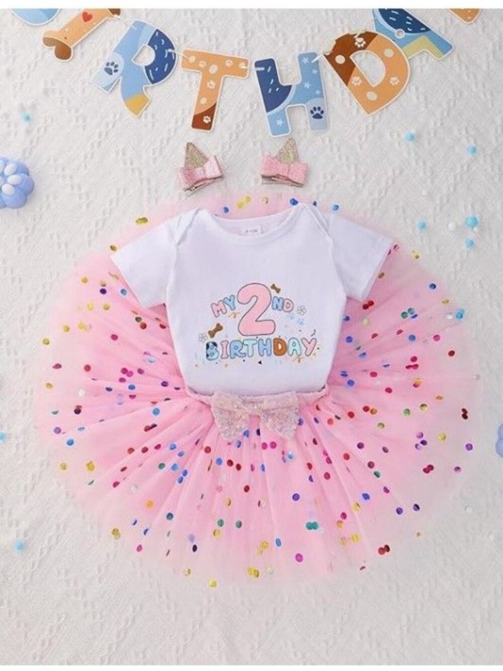 "My 2nd Birthday Onesie", Tutu, Dog Ears White and Pink 2T Bluey Themed